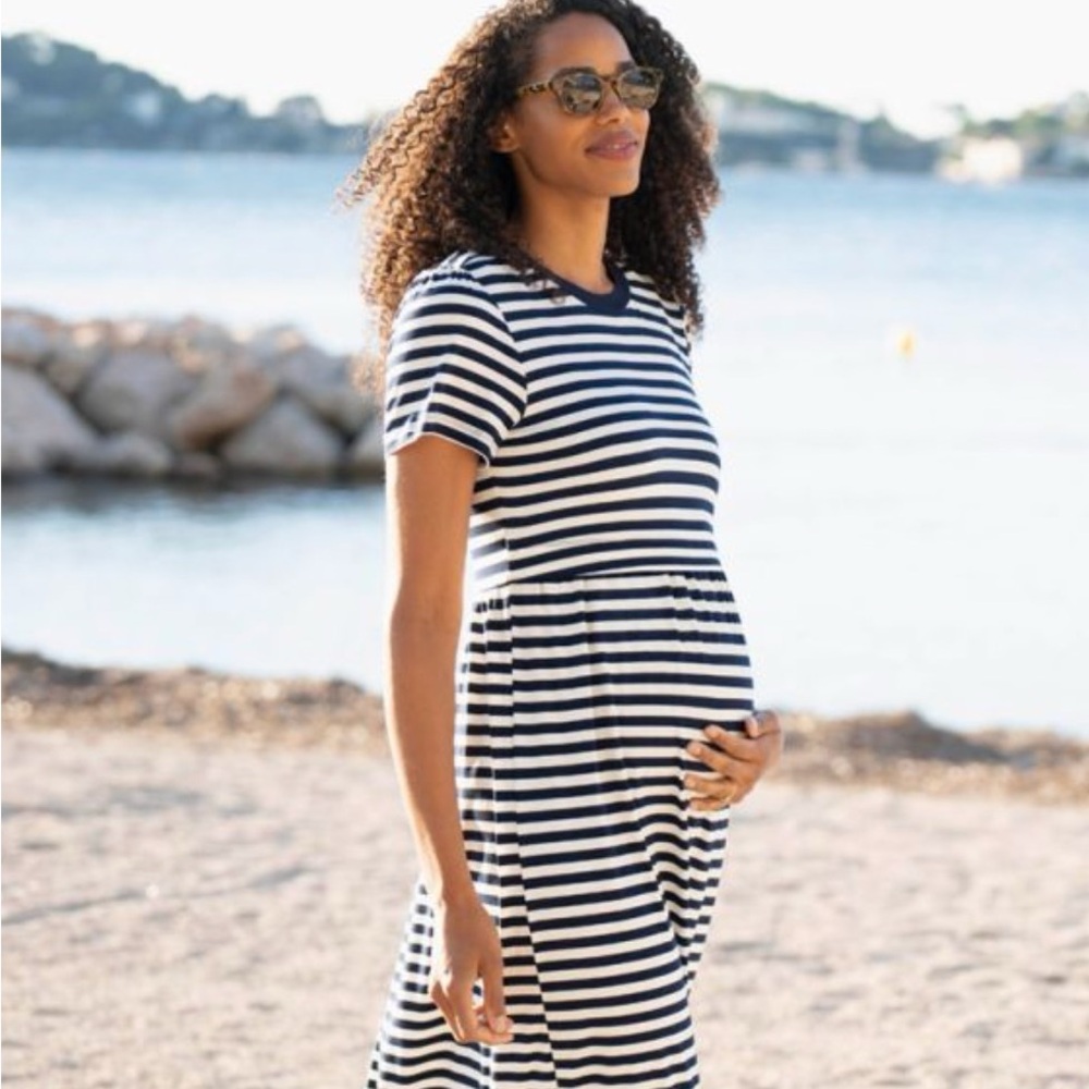 Seraphine Midi Navy & White Stripe Maternity to Nursing Smock T-shirt Dress, NWT